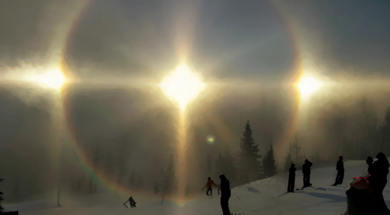 Skiers are standing on a snowy slope with a halo of sunshine, lente flare tempestade de neve, Espectro de Brocken, halo brilhante, um halo brilhante, huge prismatic glowing sun, atmospheric halos of the parhelion, glowing halo above his head, Halo radiante...