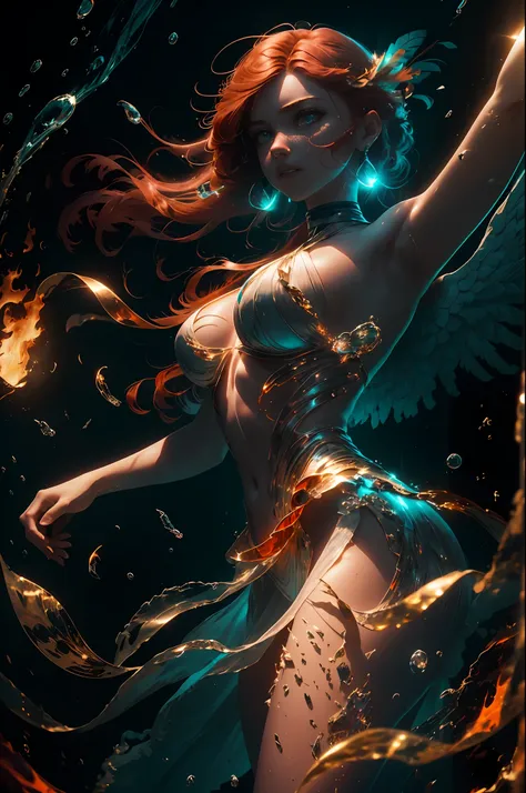 (movie still, portrait photo, full-body shot) of ( (1girl, angel, phoenix), ((25yo)), standing, beautiful face, perfect face, pale skin, beautiful detailed eyes, dark magenta eyes, [(medium (orange hair)) with ((electric turquoise) highlights)], feather ea...