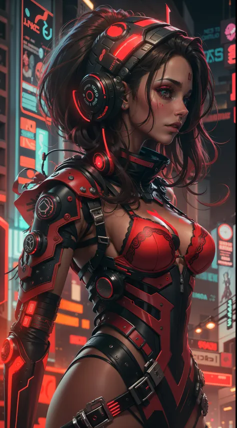 uma menina loira com capuz vermelho, red lingerie and cyberpunk-style cybernetic prosthetics in a neon city