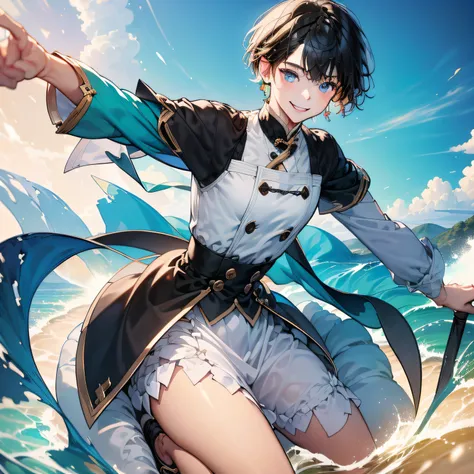 (in 8K、top-quality、masterpiece:1.2)、1人の女性、(Smiling smile:1.1)、beautidful eyes、Valley、The upper part of the body、shorth hair、Like a boy 、Quirk hair、Green View、