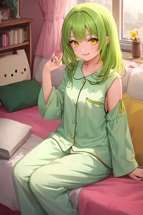 1girl, bright green hair, shoulder length hair, white pajamas, yellow eyes, masterpiece, best illustration, best manga, cute, sm...