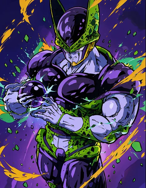 full body, 1boy, solo, male, perfect cell doing a kamehameha, perfect_cell, perfect cel shading, purple eyes, evil smile, color ...