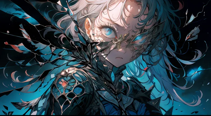 schoolgirls,Broken shots,the witch,blue colors,Infected face,deep dark background,the complex background,rich details,A high resolution,tmasterpiece,Storytelling images,