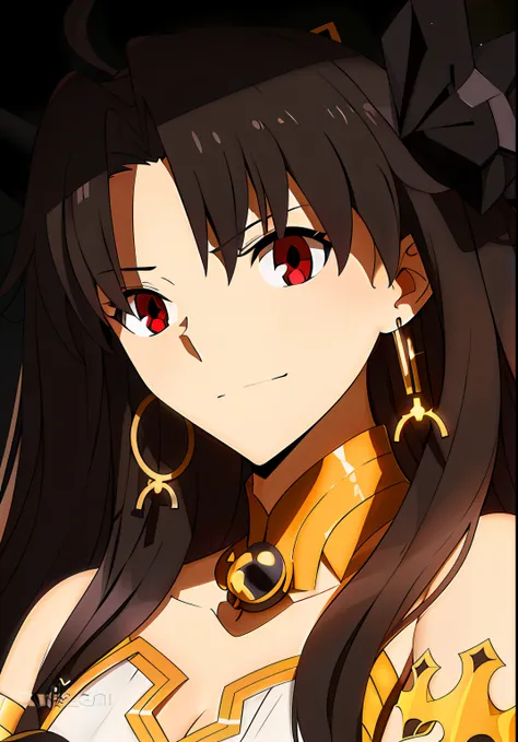 Anime girl with long black hair and red eyes wearing gold jewelry, anime moe art style, tohsaka-rin, close up of a young anime girl, anime style like fate/stay night, Ayaka Genshin impact, female anime character, Anime goddess, black anime pupils in her ey...