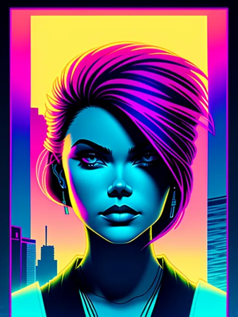 1 garota, vetorizado, synthwave, roxo azul vermelho laranja, cores neon brilhantes em um fundo escuro de uma cidade