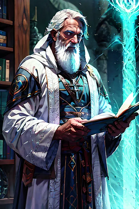 1boy,  old mage maligine villain conjuring spell, cabelo branco, barba, tabardo branco, pessoal, corvo, tempestade, realista