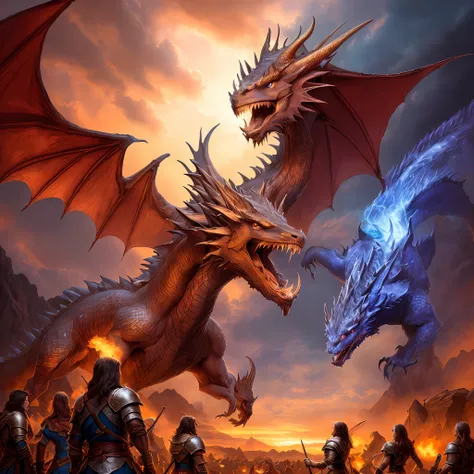 dragons fighting for a group of people in a fantasy setting, battle with dragon, d & D Arte Digital Fantasia, dragons, dungeons and dragons art, Dungeons and Dragons Arte de fantasia, Jeff Easley e Ross Tran, charging through a dragons lair, lightning drag...
