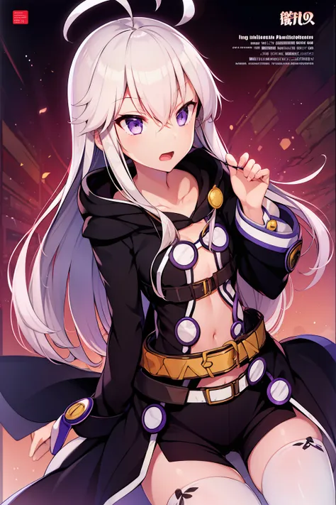 1girl, ahoge, belt, buttons, cloak, coat, dutch_angle, forest, gradient_hair, hair_between_eyes, hand_on_own_chest, hood, iwasaki_takashi, long_hair, long_sleeves, looking_at_viewer, multicolored_hair, nature, non-web_source, open_mouth, photoshop_(medium)...