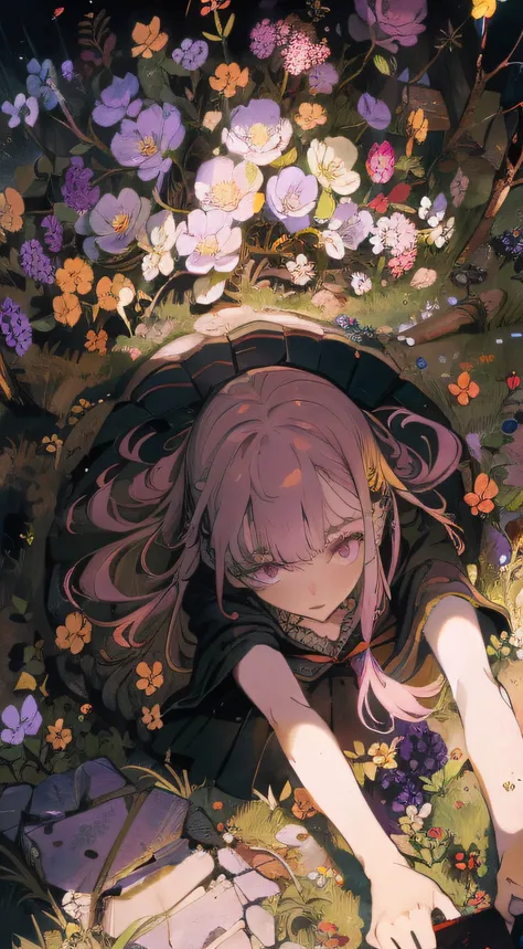 schoolgirls,Broken footage,lies on the ground,Look down from above,down view,The Witch,a color,nakeness,blossoms,grape trees,burial site,tombs,Spooky,earthy,deep dark background,the complex background,rich details,A high resolution,tmasterpiece,Storytelli...