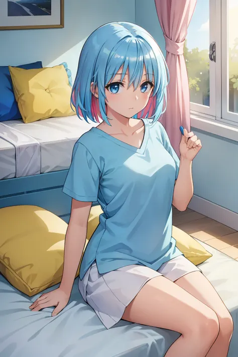 one-girl, wear blue short sleeves, blue color eyes, on top of the bed,pillow head, study desk, janelas, rays of sunshine, multic...