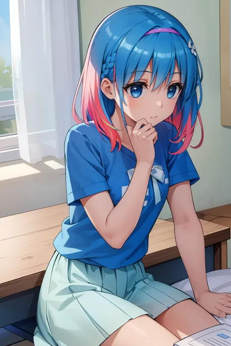 one-girl, wear blue short sleeves, blue color eyes, on top of the bed,pillow head, study desk, janelas, rays of sunshine, multic...