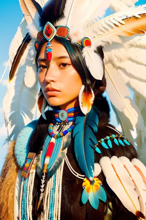 arafed woman with feathers and feathers on her head and face, beautiful young female shaman, she is dressed in shaman clothes, a...