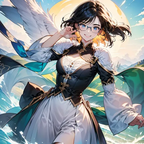 (in 8K、top-quality、masterpiece:1.2)、1人の女性、(Smiling smile:1.1)、beautidful eyes、Valley、The upper part of the body、length hair、Like a boy、poneyTail、Green View、eye glasses