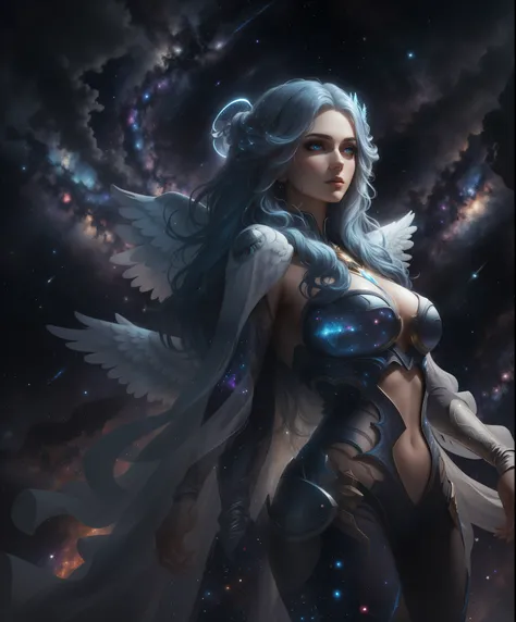 Realistic professional photos with super detail

Full shot, full body, straight shot, one girl, blue hair, blue eyes, long hair, big round breasts, floating, posing, power pose, halo, angel wings, haughty look, looking far away,

Standing in a starry sky w...