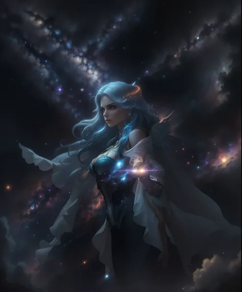 Realistic professional photos with super detail

Full shot, full body, straight shot, one girl, blue hair, blue eyes, long hair, big round breasts, floating, posing, power pose, halo, angel wings, haughty look, looking far away,

Standing in a starry sky w...