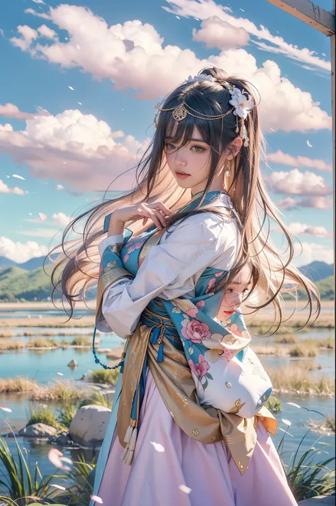 outside of house、Uyuni Salt Flat、Reflecting the blue sky and summer clouds spreading in all directions. A girl walks in the middle of it, Surrounded by the blue of the sky and the white of the clouds, Amazingly beautiful scene、femele、A dark-haired、Bank Lon...
