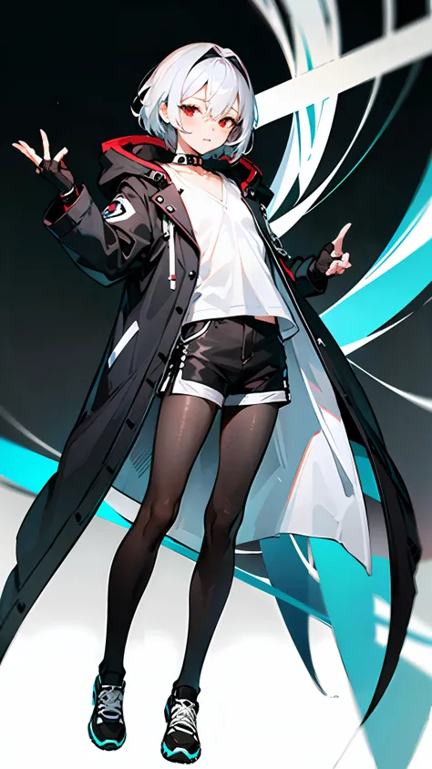 Masterpiece, Best quality, Solo,Boy, Pantyhose, White hair,Short hair, Red eyes,(White shirt:1.4),(Black shorts:1.5), blackfootwear, full bodyesbian, Black pantyhose, shirt, Shorts, Coat, Open coat, view the viewer, Hood, Sneakers, Open clothes, Black coat...