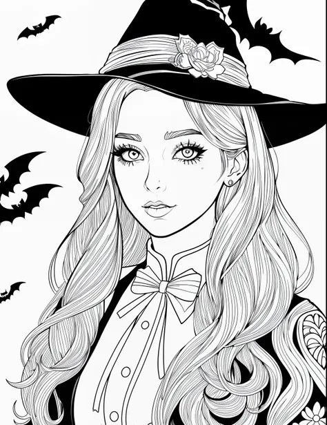 a coloring page with a girl and a cat in a halloween scene, beautiful witch spooky female, line art colouring page, retrato de u...