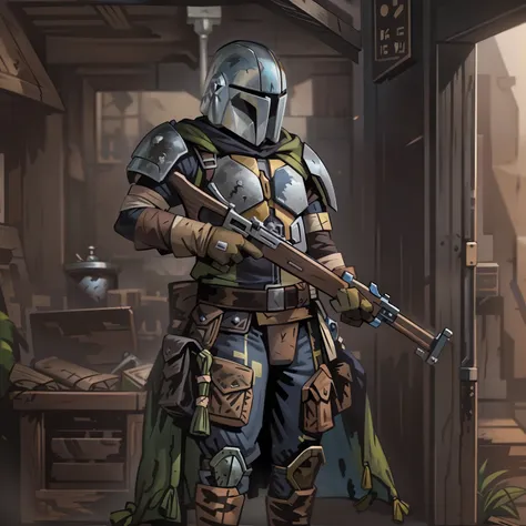 the mandalorian holding a rifle