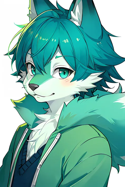 shota, aqua green fur, green-eyed, , cardigan, portrait, simplebackground, (furry:1.5)