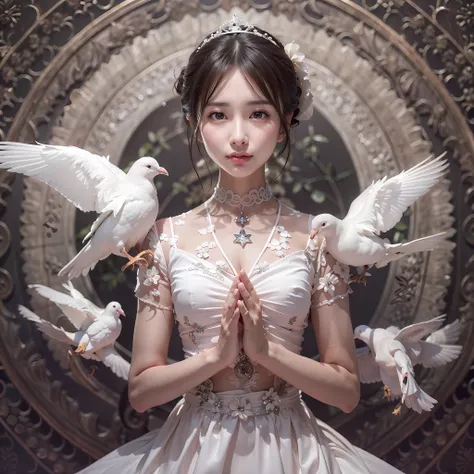 (1woman:1.3, solo), (18year old), (Pray:1.3, very detailed hands:1.1, very detailed fingers:1.1), (symmetrical, background, very detailed Compositions with White dove geometric arabesque patterns, ):1.3, (cowboy shot:1.3), (front view), (Bun hair), (dark b...