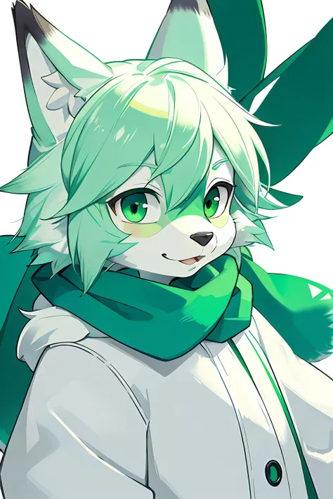 shota, light green fur, green-eyed, , white scarf, portrait, simplebackground, (furry:1.5)white color hair