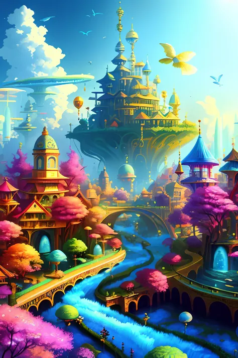 sense of science and technology，city in colorful fantasy style，flowingwater，skysky，blue-sky，baiyun，living，flying birds