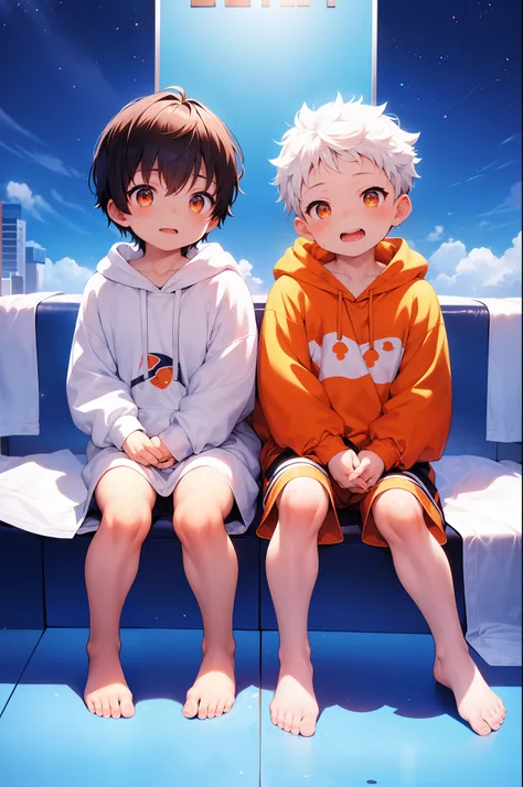 2 chubby little boys with white hair and shiny orange eyes and barefoot wearing a oversized hoodie , and oversized sweatpants si...