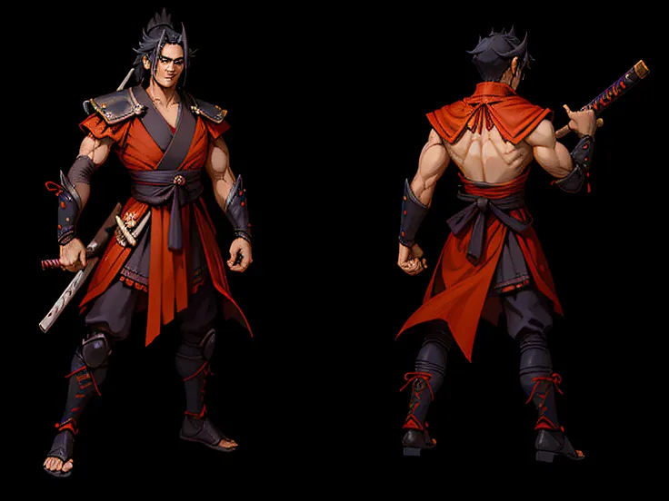 The character is a ronin samurai with black hair that flows elegantly. His right arm is demonic, de cor vermelha intensa, com garras afiadas que lembram as de um predador feroz. He emanates an aura of determination and fearlessness, inspirada por Musashi M...