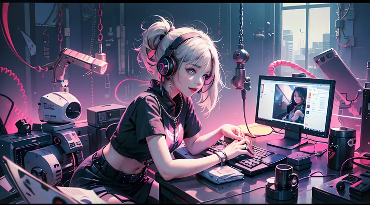 a girl playing with computer in study, white hair, tech-style, pink, purple, blue, monitors, keyboard, notebook, desk work, comp...