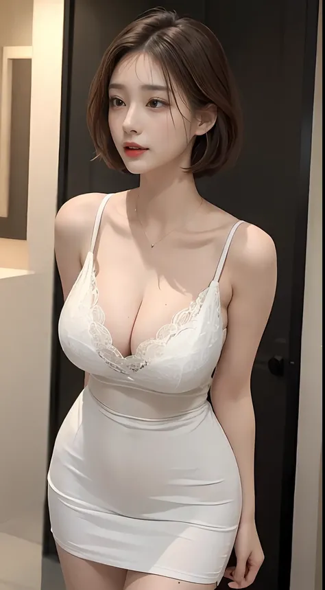 ((Best quality, 8K, Masterpiece :1.3)), 1girll, Pretty woman who emphasizes slender abs:1.3, Large breasts:1.2, Pure lust，Spice chick with camisole vest，Lace（（Deep V neckline））），shift dresses，Short skirt that wraps around the hips，Superskirt，Slip dress，Sex...
