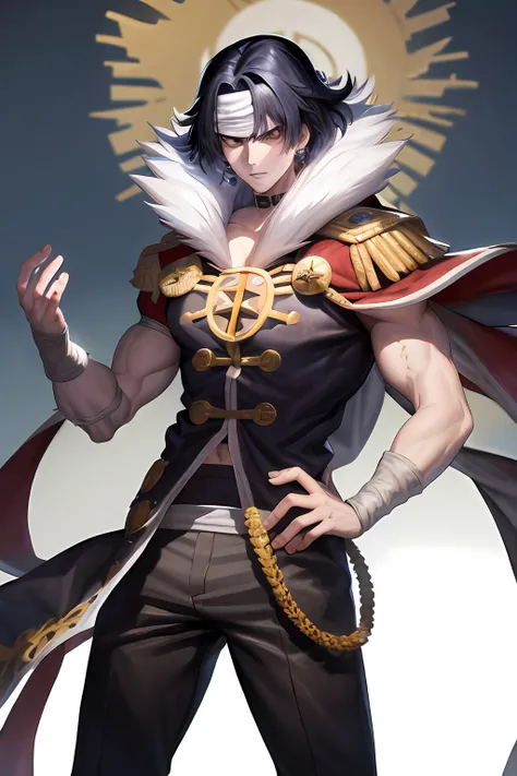 Chrollo Lucilfer, forte, com bandana, com vestes medievais preto, Manhwa stroke style, Homem adulto, de grande estatura, muscular appearance, with pants