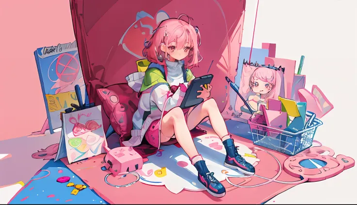 girl, pink hair, a girl sitting on the ground while drawing on a graphic tablet, beautiful, colorful