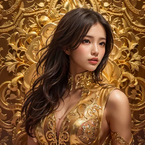 (Background, symmetrical, Compositions with gold geometric arabesque patterns):1.3, (cowboy shot:1.3), (poneyTail, dark brown hair), (top-quality, Photorealsitic:1.4, masterpiece:1.3, RAW Photography:1.2, cinematric light, very detailed illustration), (1w...