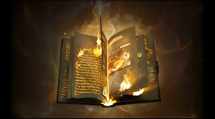 arafed open book with glowing pages and a bright flame, open magic book glowing, magic book, spell book, reading an evil demonic...