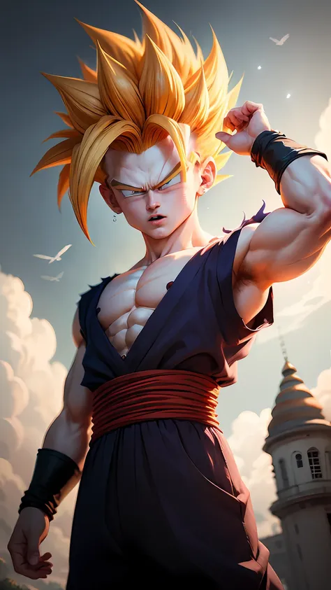 obra-prima, melhor qualidade, ultra-detalhado, adulto (supersayajin 3 gohan from dragonball) 1boy, solo, corpo inteiro, sorriso ...