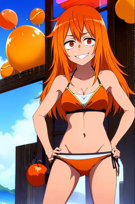 1chica, solo, sentado, cara perfecta, cabello naranja, (ojos naranjas: 1), cara hermosa, sonrisa malvada, ((cuerpo femenino perfecto, cintura estrecha)), belly, bikini, bleach, sea,