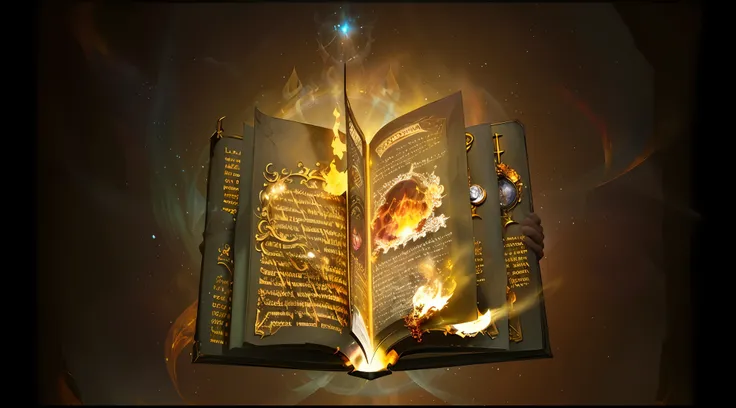 arafed open book with glowing pages and a bright flame, open magic book glowing, magic book, spell book, reading an evil demonic...