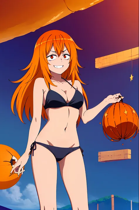 1chica, solo, sentado, cara perfecta, cabello naranja, (ojos naranjas: 1), cara hermosa, sonrisa malvada, ((cuerpo femenino perfecto, cintura estrecha)), belly, bikini, bleach, sea,