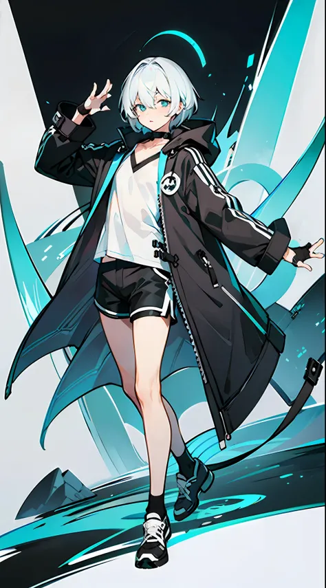 Masterpiece, Best quality, Solo,Boy, White hair,Short hair, (White shirt:1.4),(Black shorts:1.5), blackfootwear, full bodyesbian, shirt, Shorts, Coat, Open coat, view the viewer, Hood, Sneakers, Open clothes, Black coat, (Flat chest:1.7), No breasts,Long s...
