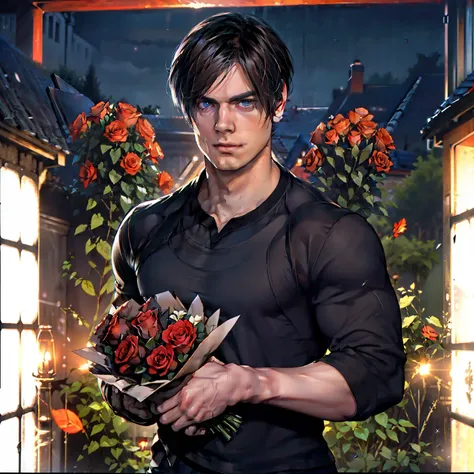 a handsome guy with a beautiful torso in a black t-shirt holds a bouquet of black roses in his hand, night time