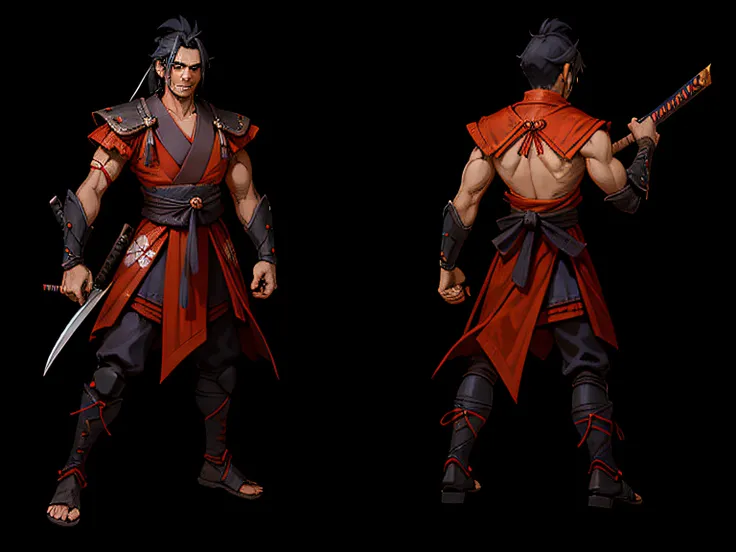 The character is a ronin samurai with black hair that flows elegantly. His right arm is demonic, de cor vermelha intensa, com garras afiadas que lembram as de um predador feroz. He emanates an aura of determination and fearlessness, inspirada por Musashi M...