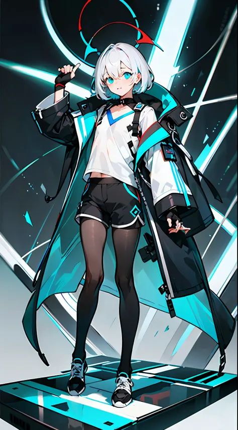 Masterpiece, Best quality, Solo,Boy, Pantyhose, White hair,Short hair, (Red and blue heterochromatic pupae:1.5),(White shirt:1.4),(Black shorts:1.5), blackfootwear, full bodyesbian, black pantyhose, shirt, Shorts, Coat, Open coat, view the viewer, Hood, Sn...