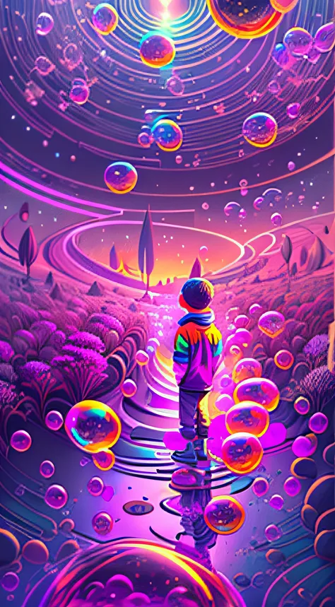 anime scene of a boy standing on a mysterious path to a land of bubbles, looking at a space with bubbles, 3 d render beeple, bee...