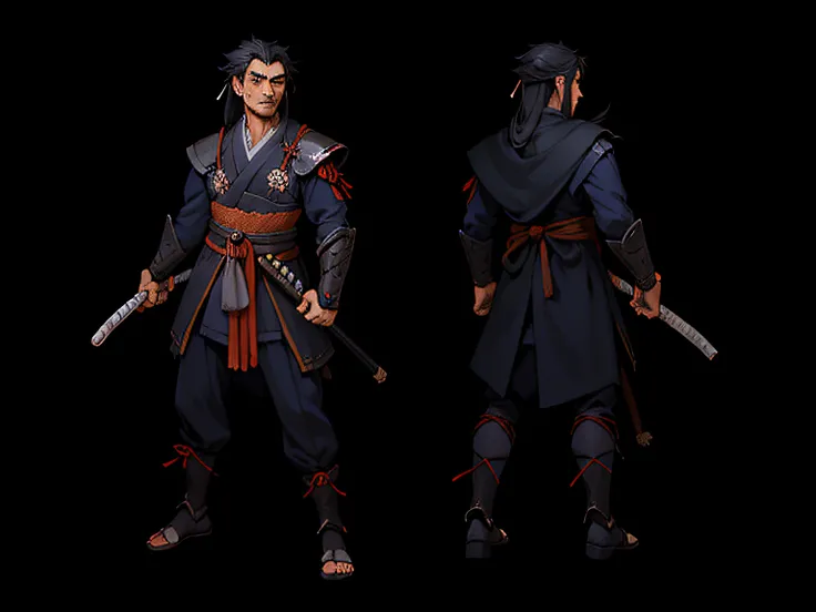 The character is a young ronin samurai of approximately 23 years old. Seus cabelos pretos fluem elegantemente, framing his face with an air of determination. The right arm is demonic, irradiando uma cor vermelha intensa e ostentando garras afiadas que lemb...