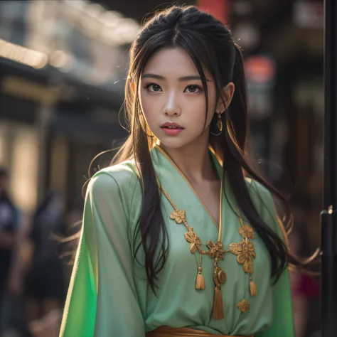 16k, RAW photo, Top quality,A half body,Lateral face,Look up at the perspective, Masterpiece(hyper HD)brunette color hair,15-year-old Hanfu girl,Uniform skirts,Crocodile leather boxing holster,Coarse linen cape,Soft lips,Glossy lips,The girl has fair and t...