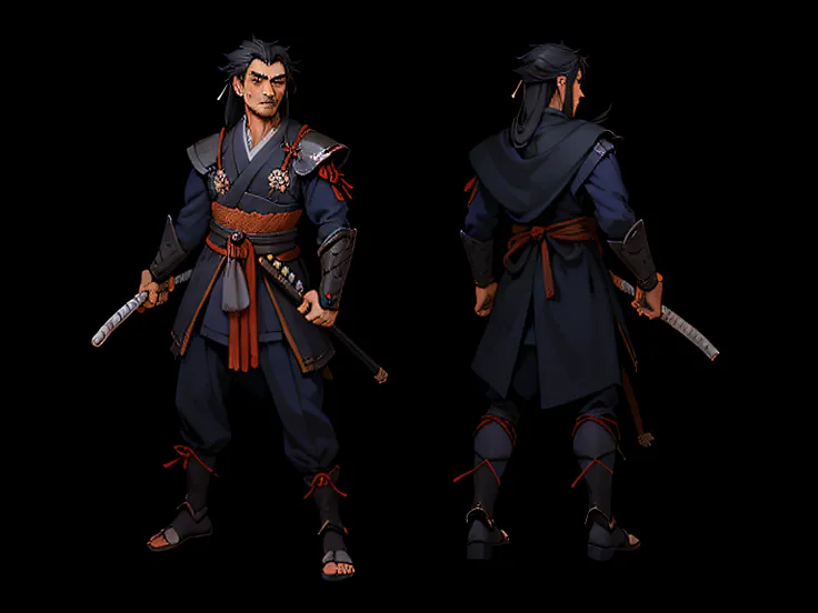 The character is a young ronin samurai of approximately 23 years old. Seus cabelos pretos fluem elegantemente, framing his face with an air of determination. The right arm is demonic, irradiando uma cor vermelha intensa e ostentando garras afiadas que lemb...
