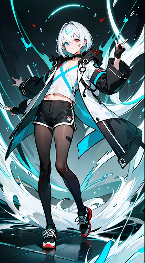 Masterpiece, Best quality, Solo,Boy, Pantyhose, White hair,Short hair, (Red and blue heterochromatic pupae:1.5),(White shirt:1.4),(Black shorts:1.5), blackfootwear, full bodyesbian, Black pantyhose, shirt, Shorts, Coat, Open coat, view the viewer, Hood, Sn...