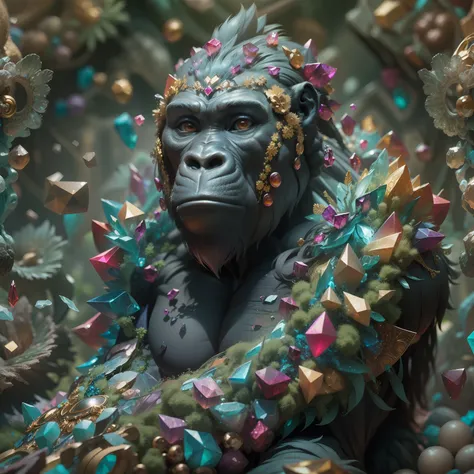 a stunning rendition of full-body gorilla sculpture made of fractal gems, fractal crystals, intricate details, hyperrealistic, o...