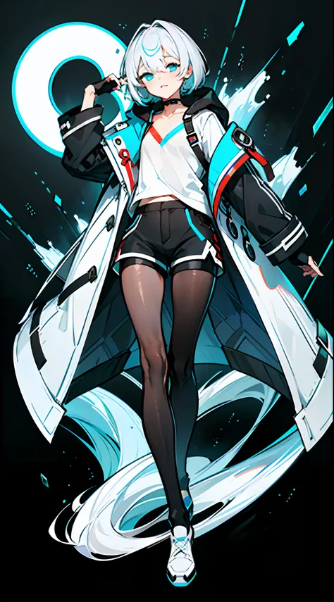 Masterpiece, Best quality, Solo,Boy, Pantyhose, White hair,Short hair, (Red and blue heterochromatic pupae:1.5),(White shirt:1.4),(Black shorts:1.5), blackfootwear, full bodyesbian, Black pantyhose, shirt, Shorts, Coat, Open coat, view the viewer, Hood, Sn...